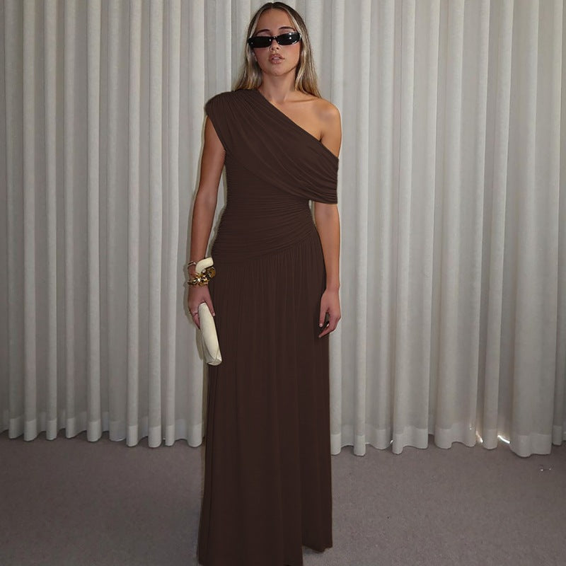 Women Clothing Spring Arrival Fashionable Sexy Diagonal Collar Pleated Asymmetrical Solid Color Dress  DestGlow