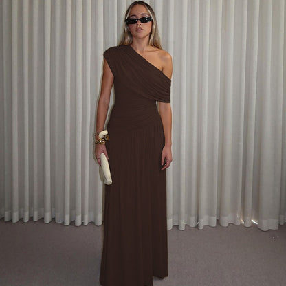Women Clothing Spring Arrival Fashionable Sexy Diagonal Collar Pleated Asymmetrical Solid Color Dress  DestGlow