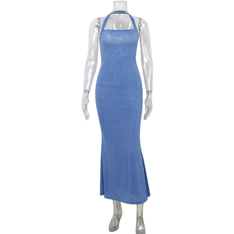 Off Neck Halter Graceful Tube Top Waist Slimming Bright Silk Fishtail Sheath Dress by Ragazza