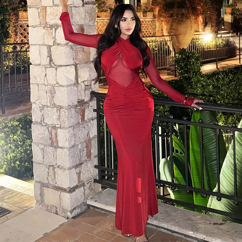 Women Clothing Winter Long Sleeve Solid Color Sexy Mesh Hollow Out Cutout Pleated Slim Dress by Ragazza