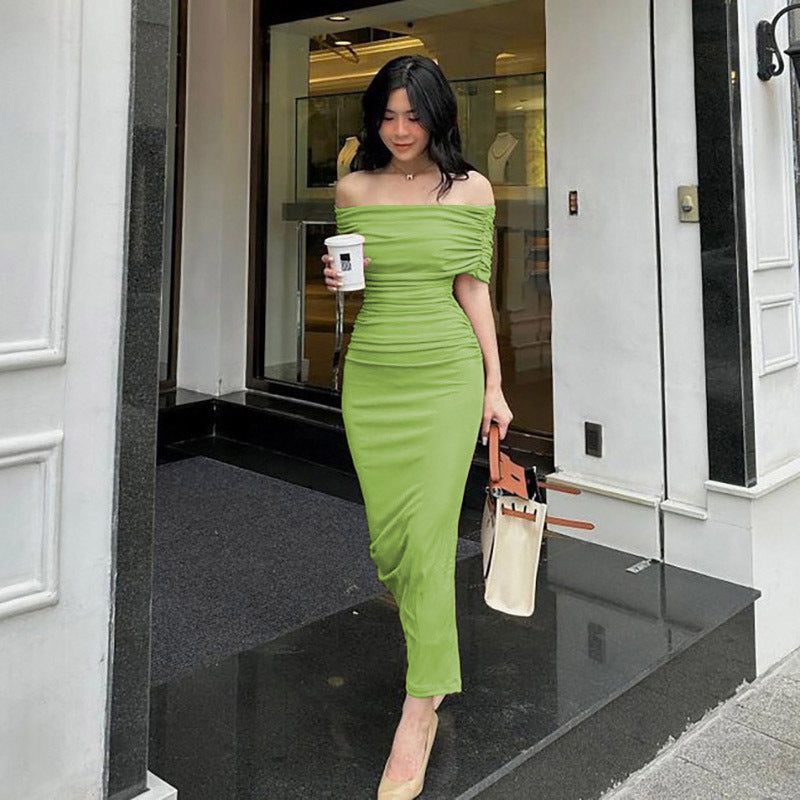 Spring Off Shoulder Pleated Dress Slim Fit Slimming Slit Bottoming Formal Dress by Ragazza