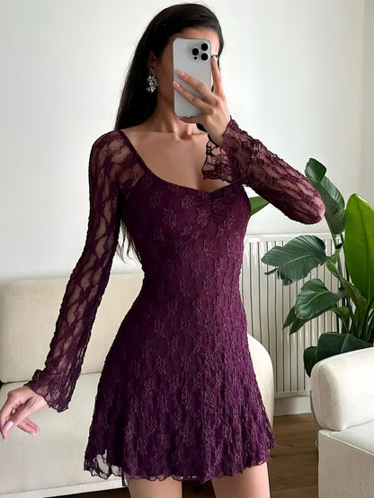 Women Clothing Autumn Winter Women Dress Sexy Square-Neck Lace Long Sleeve Slim Fit Sheath Dress Women by Ragazza