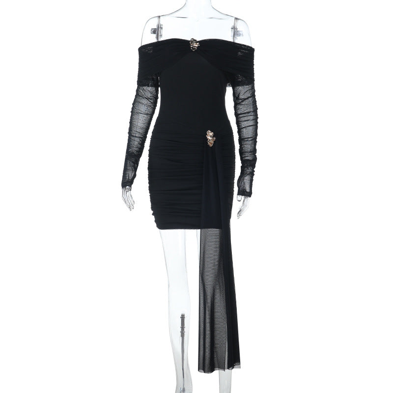 Sexy Short off Shoulder Sexy Backless Mesh Stitching Long Sleeve Dress by Ragazza