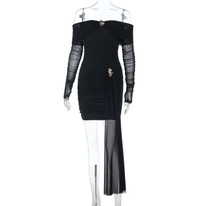 Sexy Short off Shoulder Sexy Backless Mesh Stitching Long Sleeve Dress by Ragazza