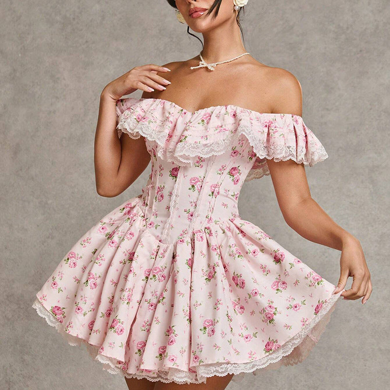 French Sexy Summer off Shoulder Lace Edge Waist Controlled Slim Fit Slimming High Grade Design Dress by Ragazza
