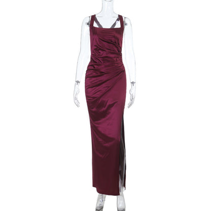 Retro Wine Red Summer Slim Fit Sexy Waist Square Collar Dress  DestGlow