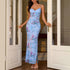 Mesh Printing Slip Dress Sexy Sexy Backless Slim Fit Figure Flattering Slit Sheath Maxi Dress by Ragazza