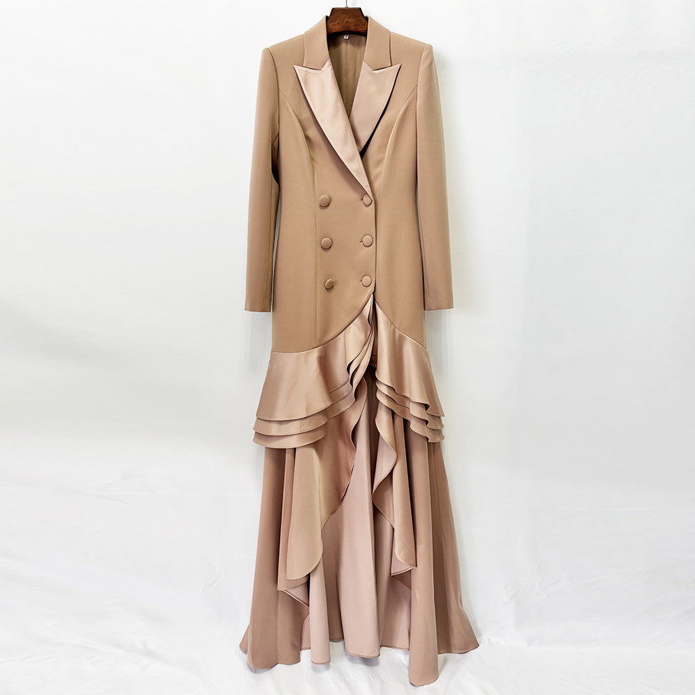 Dinner Formal Dress Tailored Collar Ruffled Double Breasted Slim Fit Maxi Dress  DestGlow