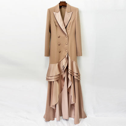 Dinner Formal Dress Tailored Collar Ruffled Double Breasted Slim Fit Maxi Dress  DestGlow