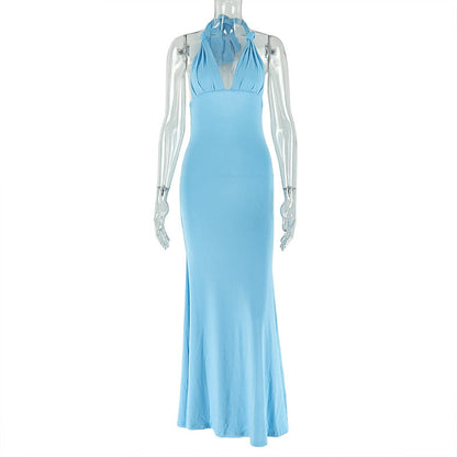Women Clothing Elegant Pleated Solid Color Slimming Hip Dress V neck Wrapped Chest Backless Maxi Dress by Ragazza