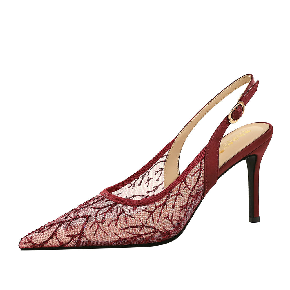 Cocktail High Heels Pointed Lace Mesh Back Empty Ankle Strap Buckle Stiletto Heel Outdoor Sandals