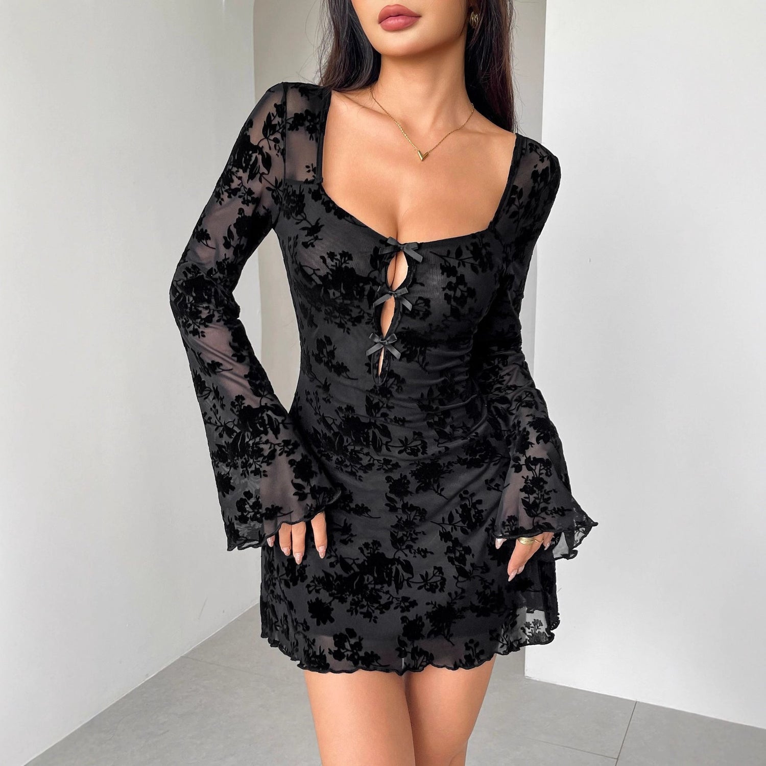 Fall Dress Flocking Long Sleeve Floral Hollow Out Cutout Bow Women Clothing by Ragazza