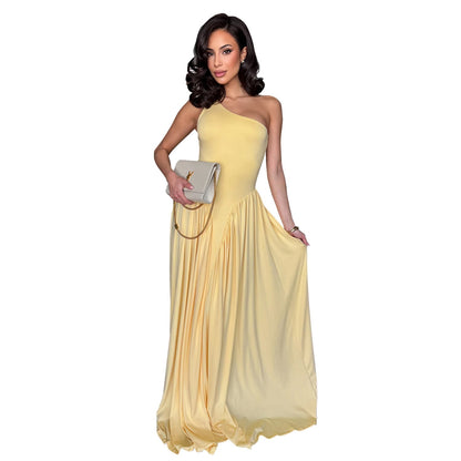 Women Wear Waist Controlled Backless Slim Fit Sloping Shoulder Dress  DestGlow
