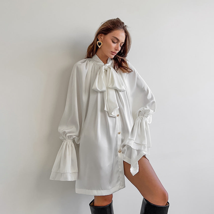 Autumn Winter Casual Elegant Thick Matte Satin Loose Tie Neck Flare Sleeve Tie Neck Women Clothing Dress White by Ragazza
