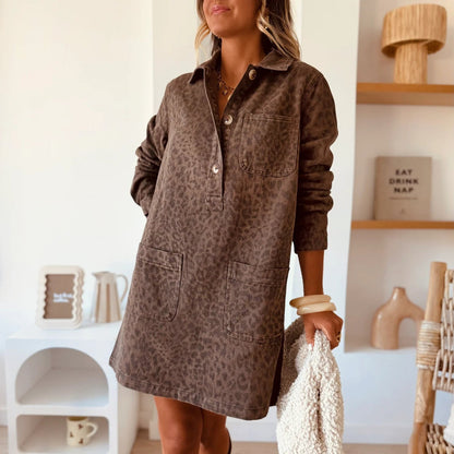 Women Collared Long Sleeve Loose Denim Dress by Ragazza