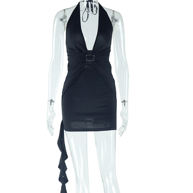 Women Clothing Deep V Plunge neck Sexy Halter Solid Color Dress Pleated Street Cool Short Hip Dress  DestGlow