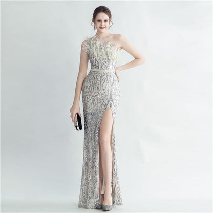 Heavy Industry Ostrich Hair Craft Bundle Hair Oblique Shoulder Side Slit High End Evening Dress by Ragazza