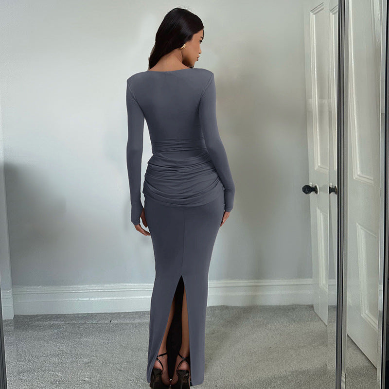 Women Clothing Autumn Winter Slim round Neck Solid Color Fold Split Long Sleeve Elegant Dress for Women by Ragazza