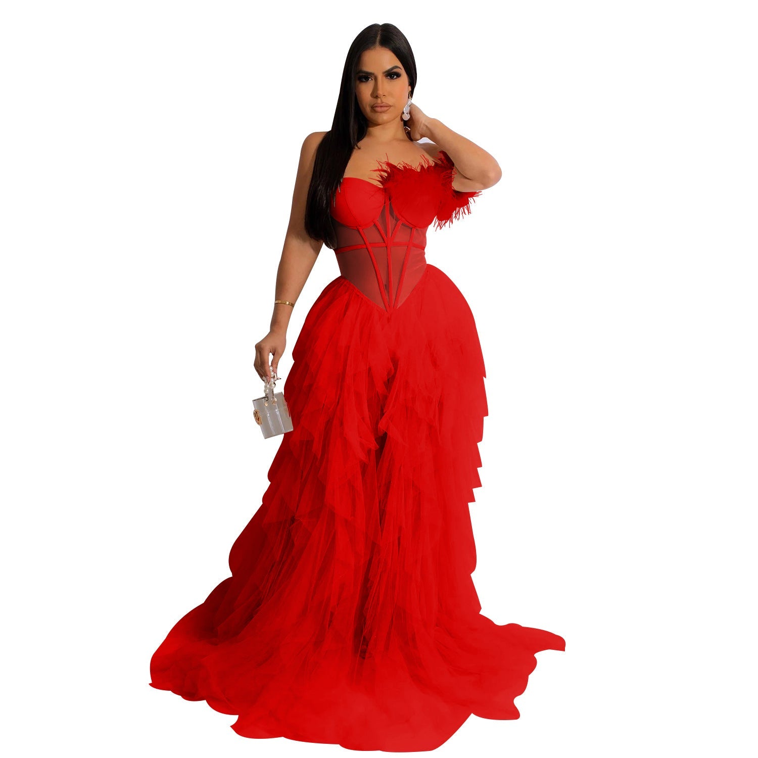 Women Wear Solid Color Sleeveless Corset Mesh Maxi Dress Dress 