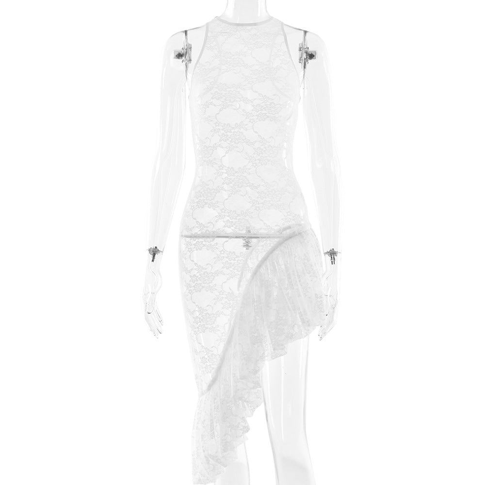 Sleeveless round Neck Dress Summer Sexy Lace See through Irregular Asymmetric Maxi Dress Women by Ragazza