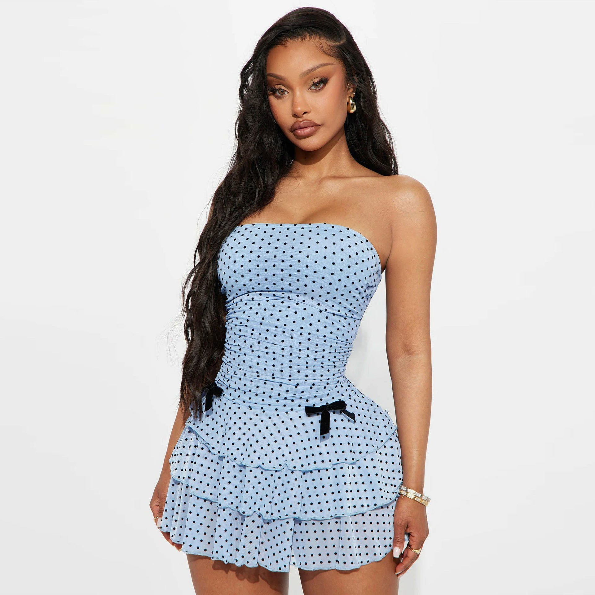 Summer Women Clothing Sexy Polka Dot Bandeau Slim Fit Ruffled Sheath Dress by Ragazza