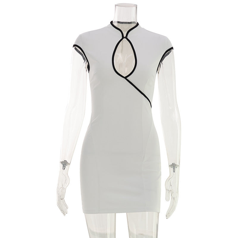 Women Clothing Slim Sleeveless Contrast Color Trim Design Chest Hollow Out Cutout Sexy Mini Dress Short by Ragazza