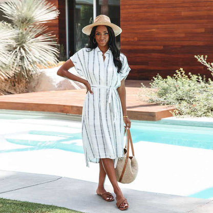 Summer Striped Short-Sleeved Cardigan Single-Breasted Casual Shirtdress Women by Ragazza