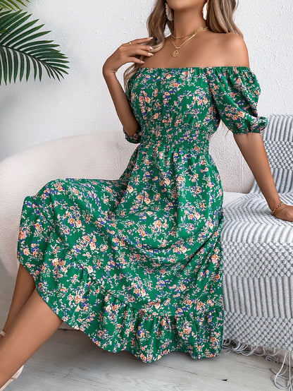 Spring Summer Floral Square Collar Short Sleeve Waist Controlled Ruffled A line Women Clothing by Ragazza