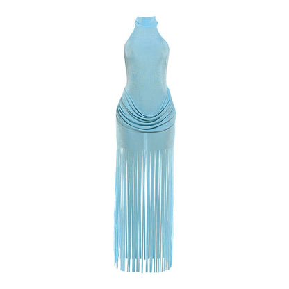 Winter Women Clothing Tassel Design Solid Color Sexy Halter Backless Dress by Ragazza