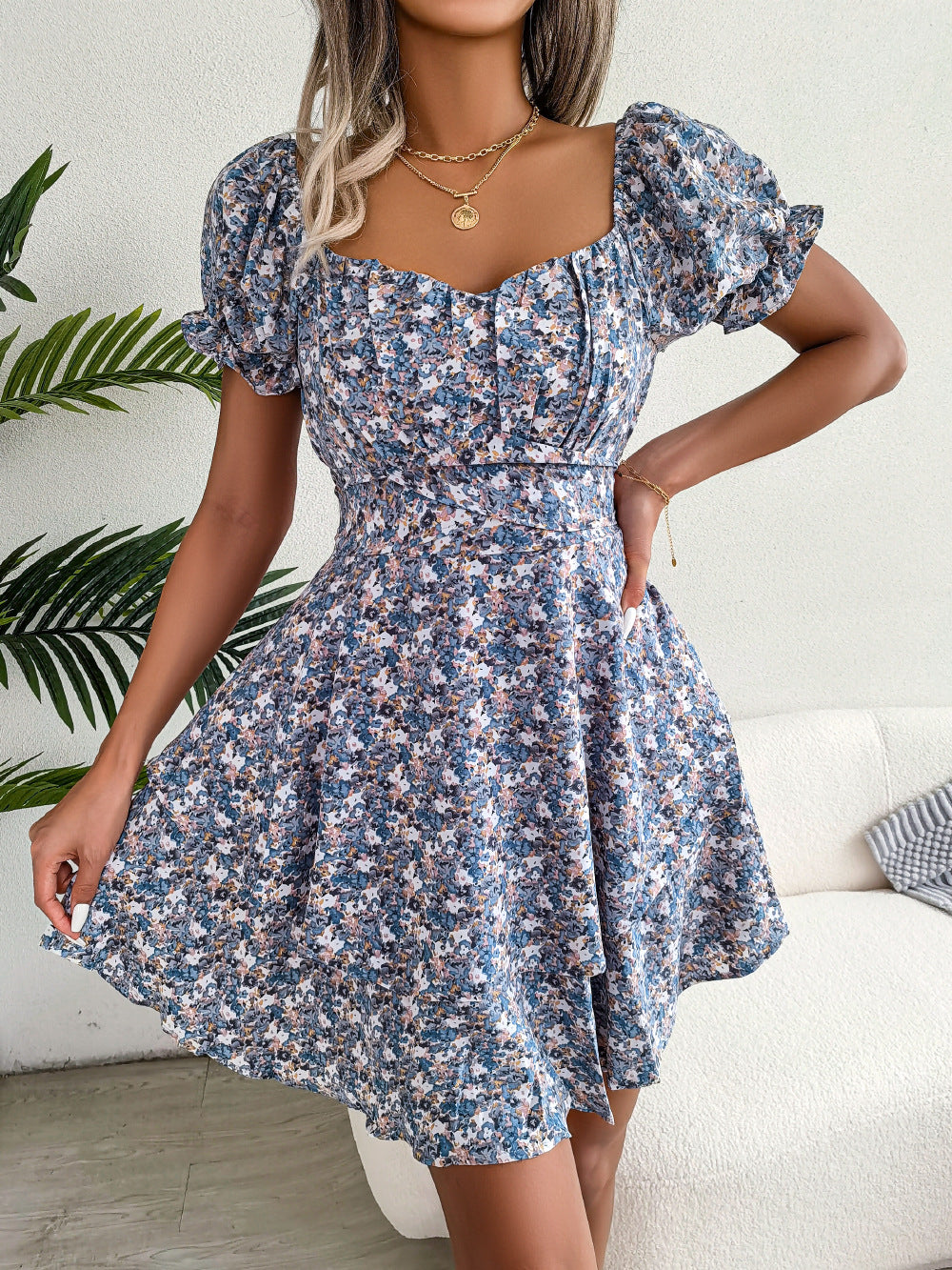 Spring Summer Elegant Floral Lace-up Waist-Controlled Large Hem Dress Women Clothing by Ragazza