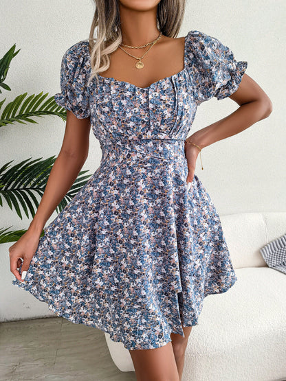 Spring Summer Elegant Floral Lace-up Waist-Controlled Large Hem Dress Women Clothing by Ragazza