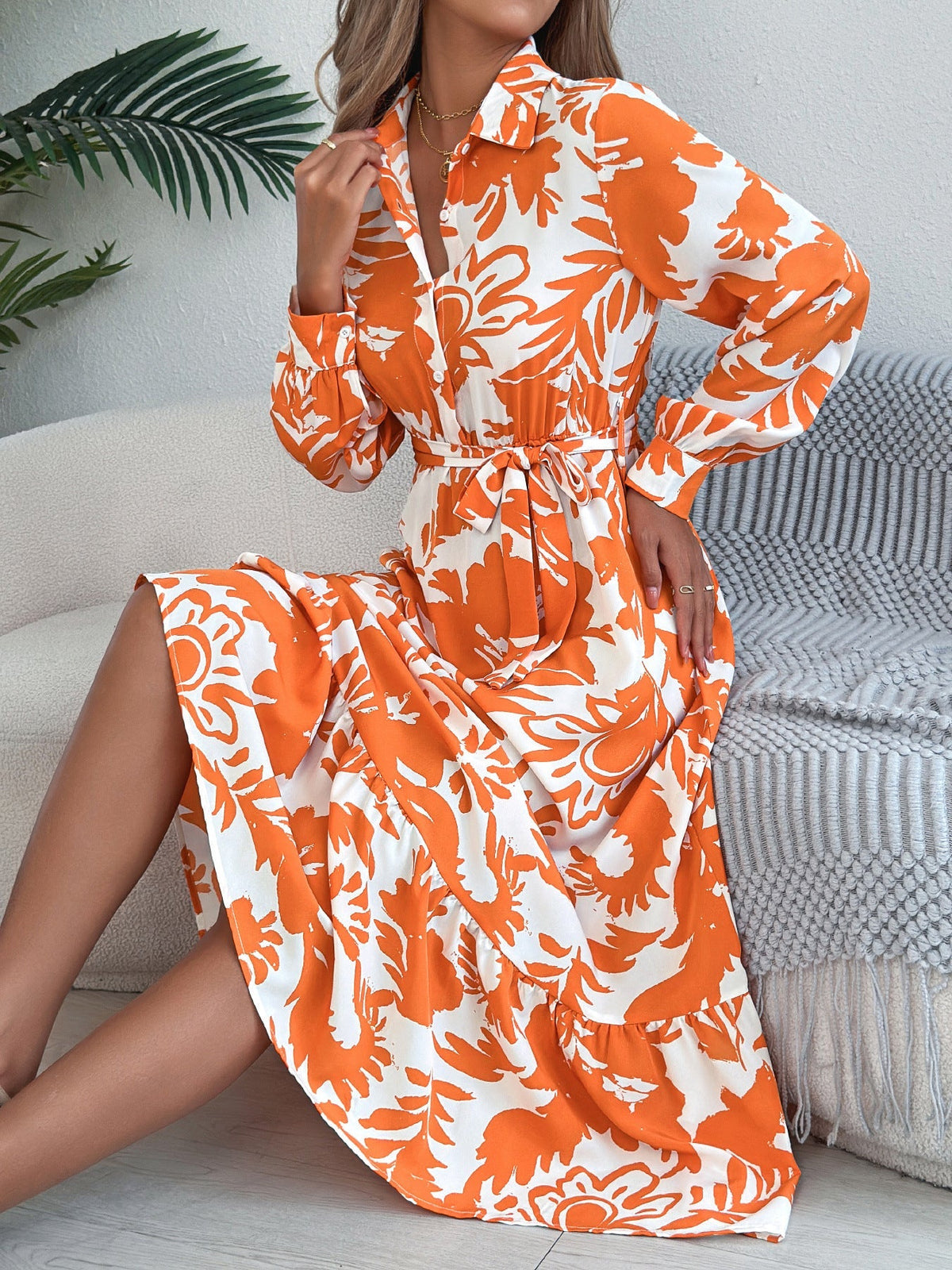 Spring Summer Casual Floral Long Sleeve Shirt Ruffled Maxi Dress Women Clothing  DestGlow