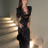 High End Elegant Women Satin Lace V neck Patchwork Hollowed Polka Dot Floral Print Mid Length Sleeves Dress by Ragazza