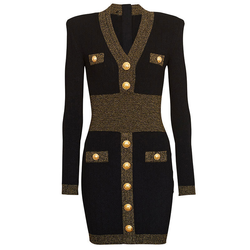 Spring Autumn Women Clothing Gold Silk Stitching High Quality Long Sleeve Waist Trimming Knitted Dress by Ragazza