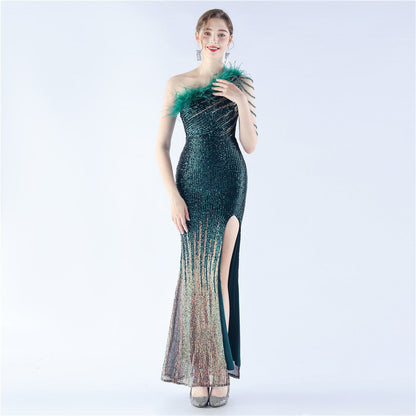 Gradient Sequin Craft Beaded Ostrich Feather Diagonal Collar One Shoulder Long Evening Dress by Ragazza