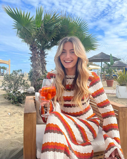 Striped Contrast Color Beach Vacation Sexy Dress Knitted Hollow Out Cutout Maxi Dress Blouse Summer Women by Ragazza