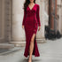 V neck Stretch Velvet Dress Women Fall Winter Slim Slimming Pleating Side Slit High Waist Fishtail Maxi Dress by Ragazza
