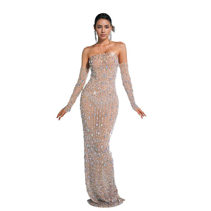 Women Wear Drilling One Line Long Maxi Dress by Ragazza