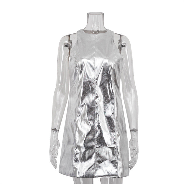 Summer Women Clothing Reflective Faux Leather Sexy Nightclub Vest Dress Sleeveless Short Dress by Ragazza
