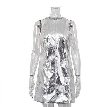 Summer Women Clothing Reflective Faux Leather Sexy Nightclub Vest Dress Sleeveless Short Dress by Ragazza