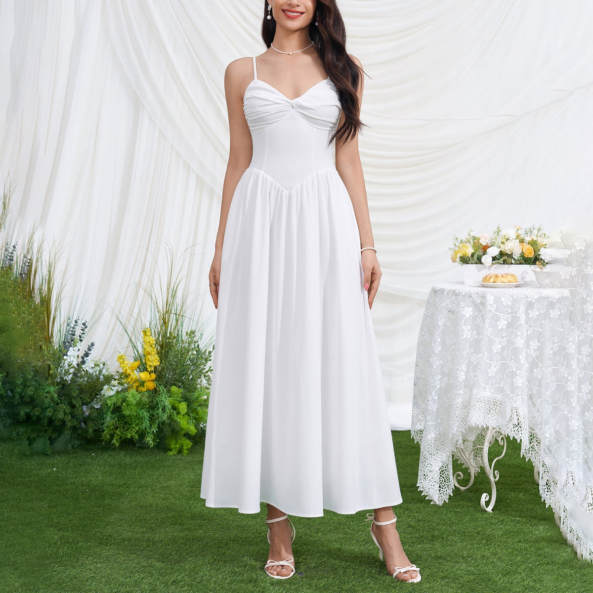 Women Sexy V neck Backless Waist Trimming Slimming Smocking Dress  DestGlow