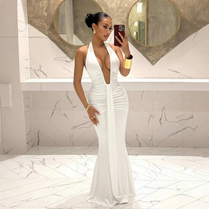 Women Halter Deep V Plunge Pleated Slim Fit Mopping Dress Slimming Sheath Fishtail Dress  DestGlow