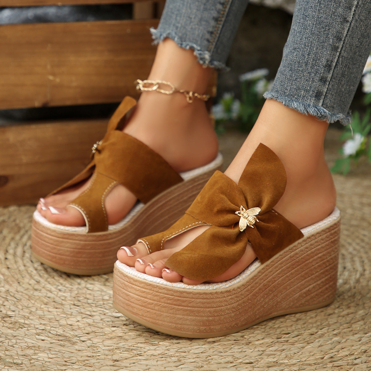 Metal Buckle Suede Toe Covering Wedge Slippers Women Bow Platform Muffin Beach Sandals  DestGlow
