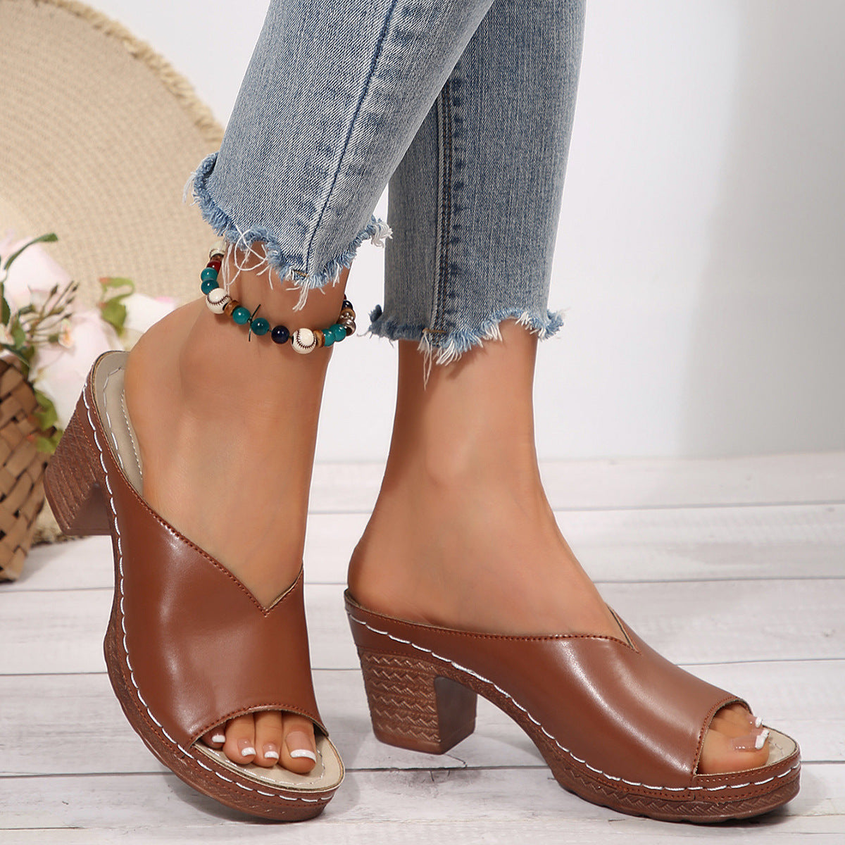 Summer V Cut Fish Mouth High Heel Slippers Women Thick Heel Beach Slippers  DestGlow