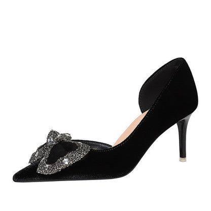 Wind Black Dignified Rhinestone Decorative Bowknot Pointed Shallow Mouth Side Hollow Out Cutout Sexy Pumps  DestGlow