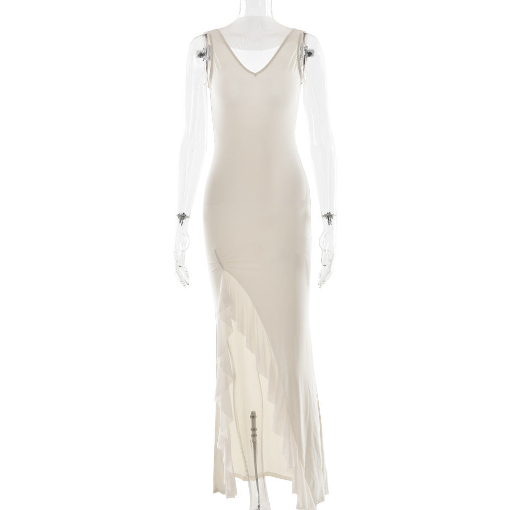 Summer Elegant Ribbon Women Dress Sexy Backless High Slit Ruffled Slim Dress by Ragazza