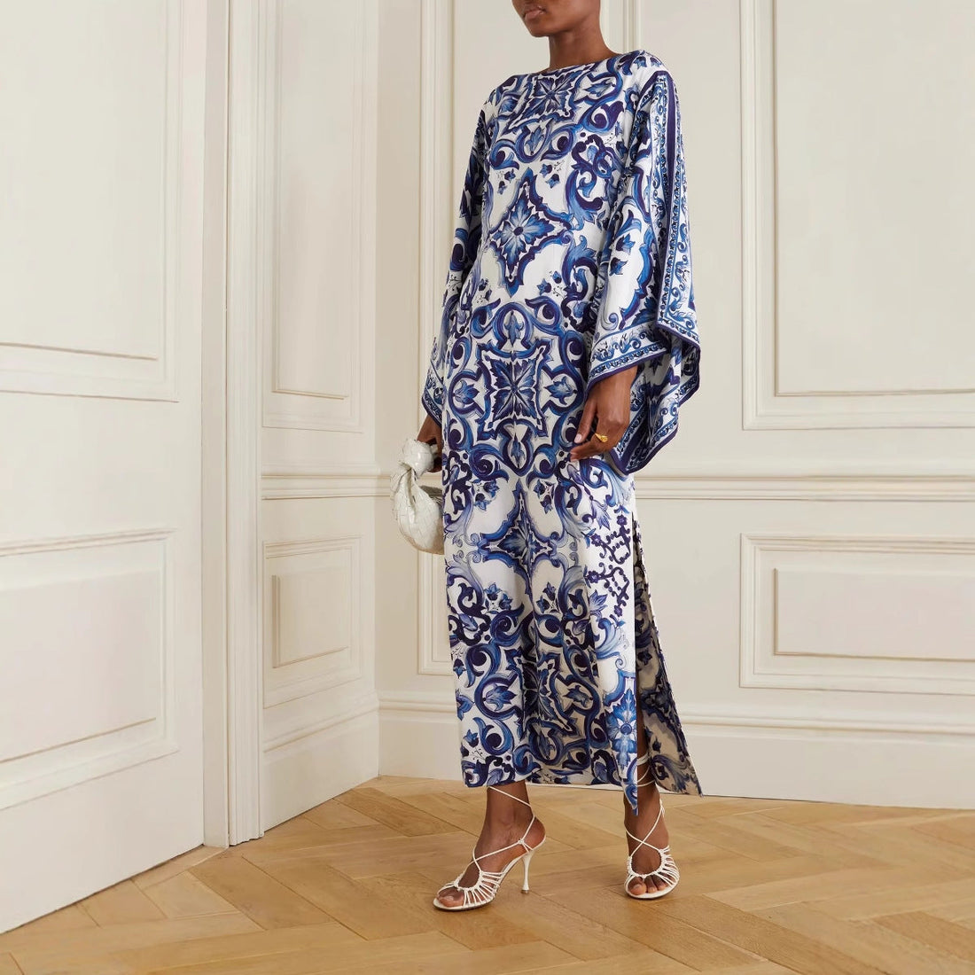 Women Blue White Porcelain Printed off Neck Loose Dress by Ragazza