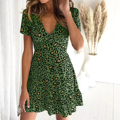 Summer Sexy V neck Mid Waist Short Dress Leopard Print Dress by Ragazza