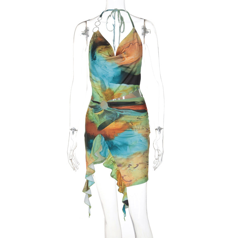 Women Clothing Summer Printing Sexy Backless Lace up Dress by Ragazza