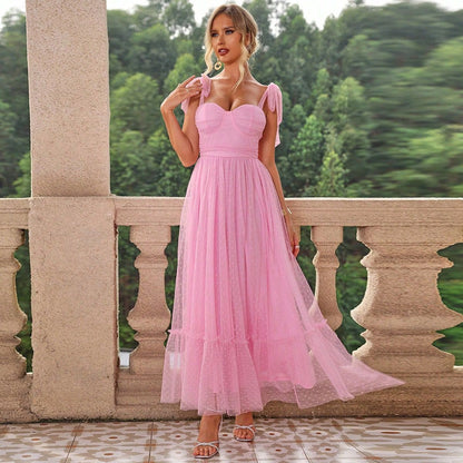 Fashionable Women Clothing Evening Dress Lace up Shoulder Pleated Hem Mesh Dress by Ragazza